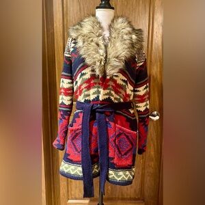 Ralph Lauren Knit Cardigan with Faux Fur Collar